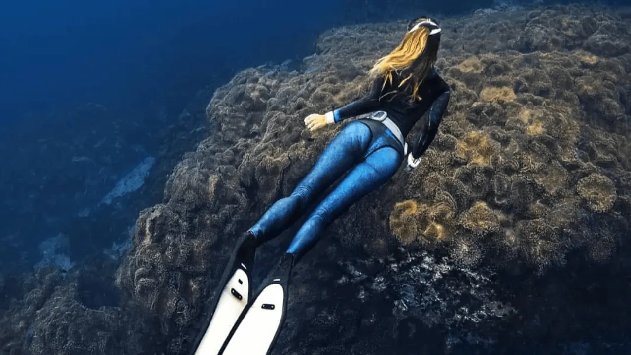 A freediver gliding over an anemone-covered pinnacle